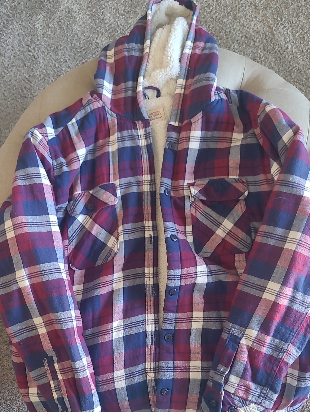 XL Hooded Sherpa-Lined Plaid Shirt Jacket - Maroon & Blue Bin 3
